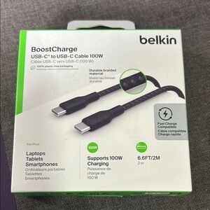 NWT Belkin BoostCharge Black USB-C Cable 100W-6.6 ft/2M